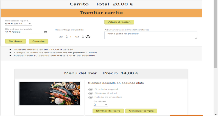 El cliente tramitará el pedido con los productos del carrito Tramitación del pedido online